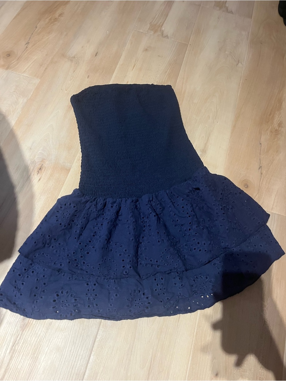 SHEIN Navy Strapless Smocked Eyelet Ruffle Skirt